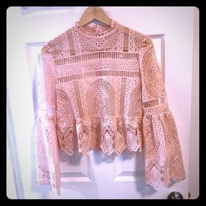 Pink Lace Peplum and Bell Sleeve Crop Top